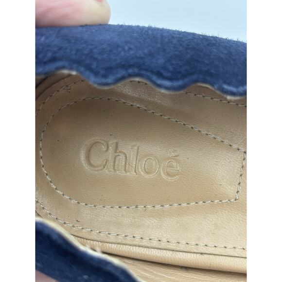 Chloé Suede Scalloped Loafers Navy Blue Suede Pumps Size 39.5 / 9.5 Block Heel - Picture 10 of 16